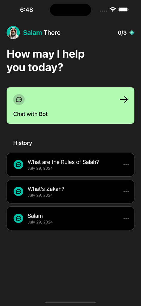 Alim - AI Islamic Scholar - The chat interface of Alim AI Islamic Scholar app showing a chat button and a history of religious questions.
