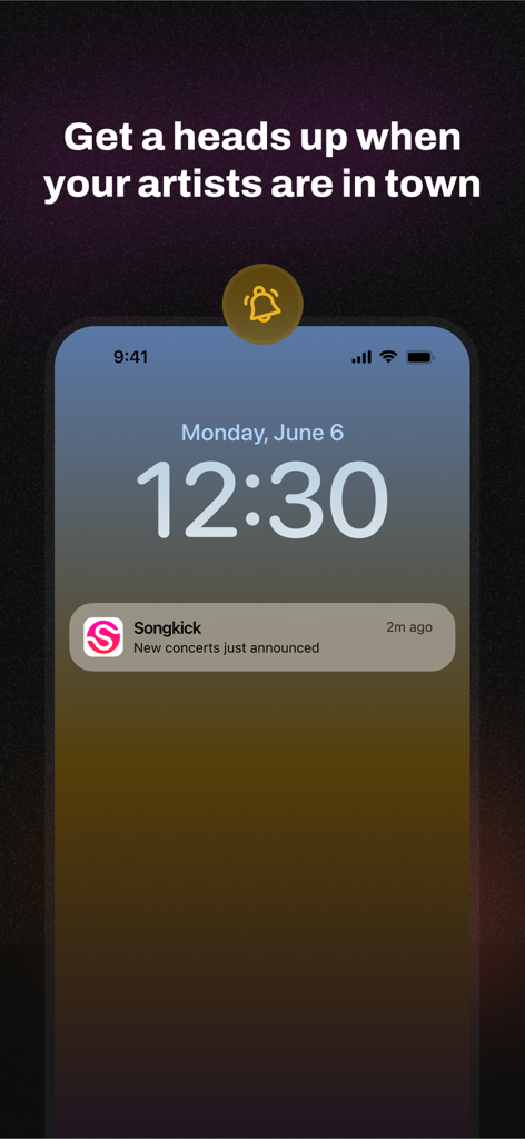 Songkick Concerts - Pantalla de bloqueo del iPhone que muestra una notificación de la aplicación Songkick para conciertos recién anunciados.