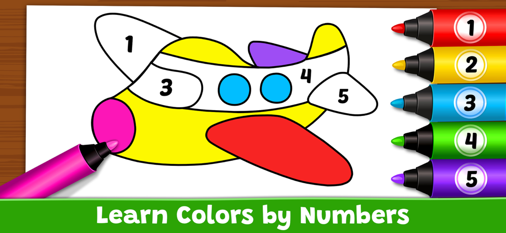Coloring Games: Painting, Glow - Educational color by number game for kids featuring an airplane and colorful markers