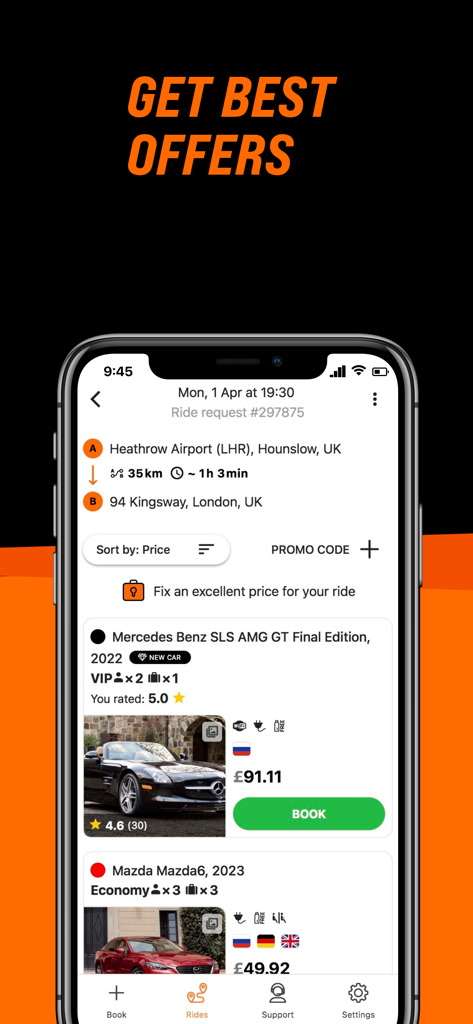 GetTransfer: Transfers & Rides - ロンドン空港送迎のプレミアムおよびエコノミーのライドオファーが表示されたGetTransferアプリのインターフェース。
