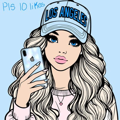 realistic beautiful girl wearing los ángeles cap holding an iphone