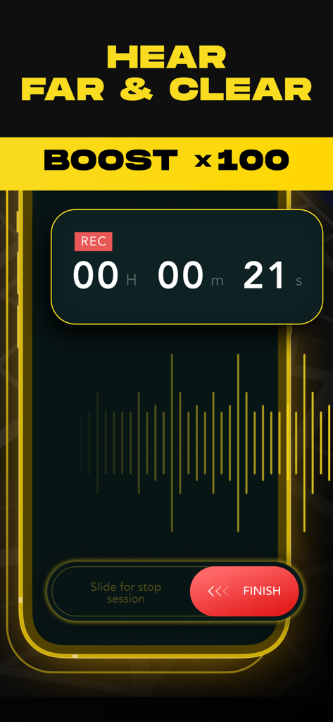 Ear Spy Apps - Super Hearing - Ear Spy app interface showing a 100x audio boost recording session with a live waveform and timer.