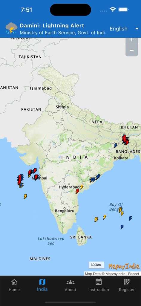 Damini : Lightning Alert - Une capture d'écran de l'application Damini Lightning Alert montrant une carte de l'Inde avec des icônes colorées indiquant les éclairs en temps réel.