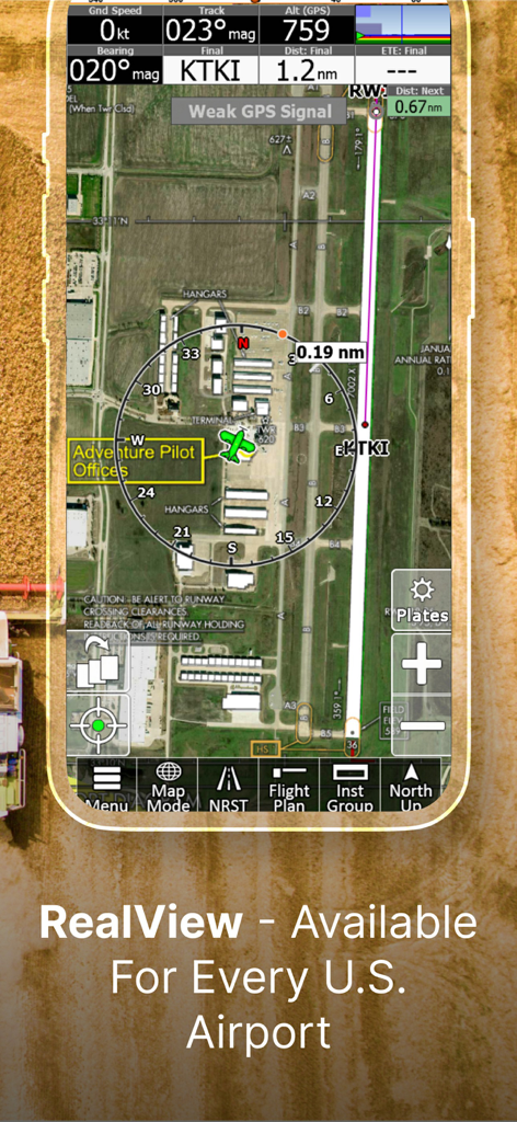 iFly EFB - A satellite view of McKinney National Airport within the iFly EFB app showing the RealView imagery feature with navigation instruments and flight data.