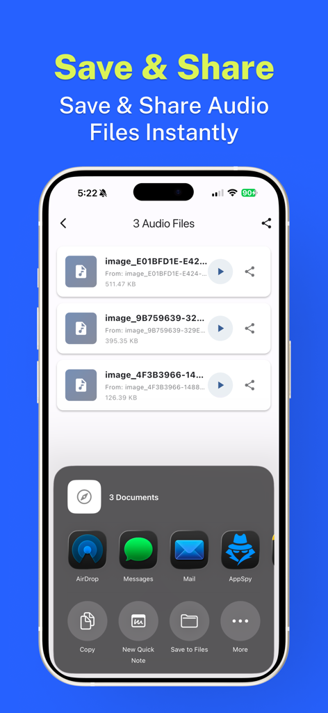 Una interfaz móvil que muestra una lista de archivos de audio convertidos con la hoja de compartir de iOS abierta para exportarlos a través de AirDrop, Mensajes o Correo.