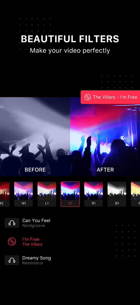 Video Editor . - Before and after comparison of a vibrant aesthetic filter on a concert video within the Video Editor app interface