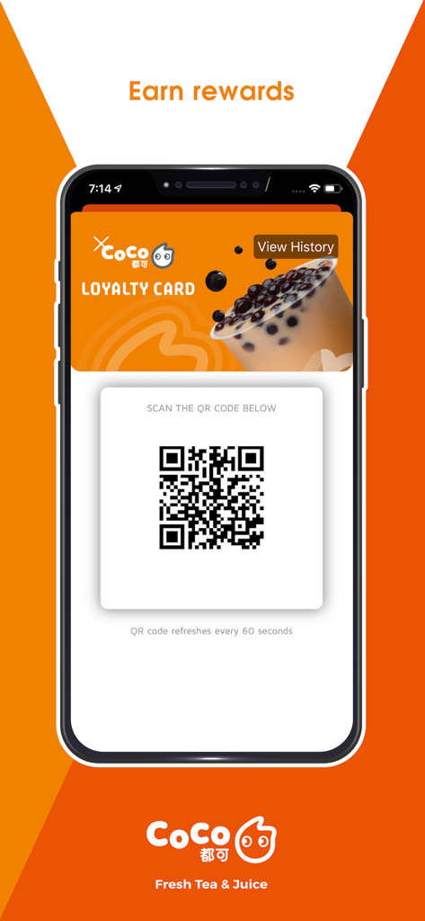 CoCo Bubble Tea Ontario - Pantalla de la tarjeta de fidelidad de la aplicación CoCo Bubble Tea Ontario con un código QR escaneable para ganar recompensas.