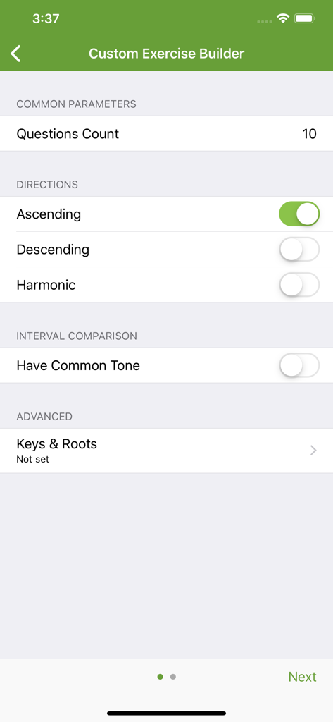 Perfect Ear - Ear Trainer - Interface of the Perfect Ear app showing options to build custom music theory and ear training exercises with adjustable parameters.