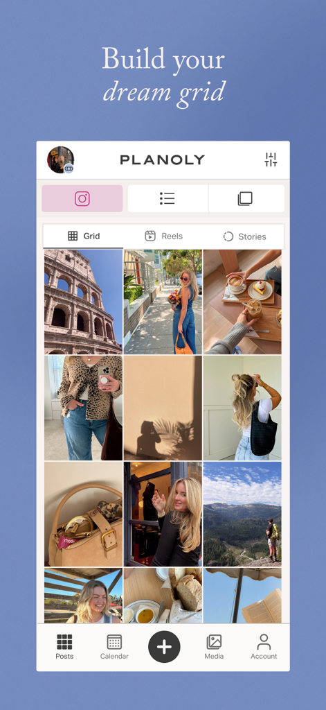 Planoly: Social Media Planner - ソーシャルメディアコンテンツの視覚的なグリッドプレビューを表示しているPlanolyアプリのインターフェース。