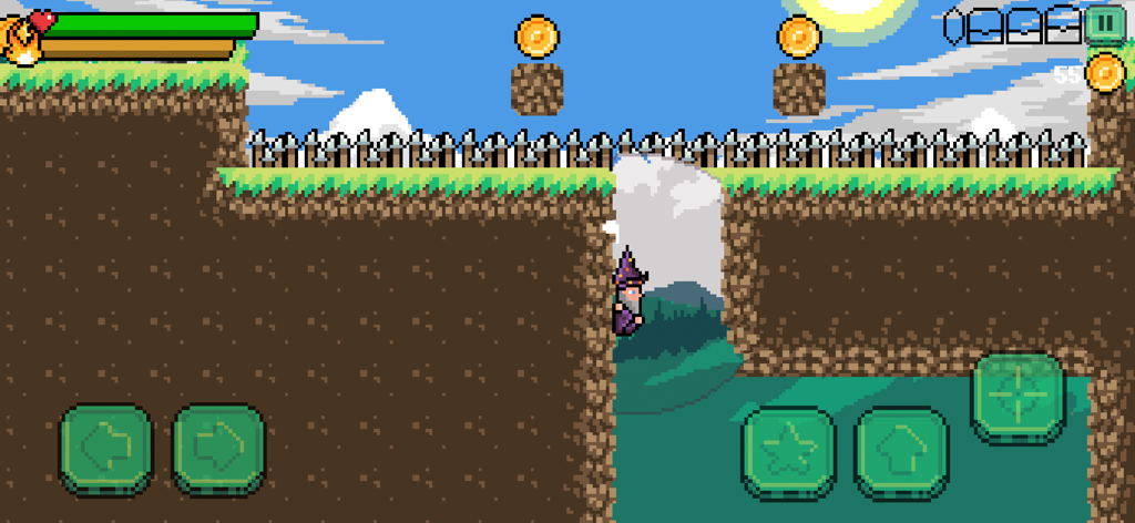 Magic Forest : 2D Platformer - Mago em pixel art em um nível de plataforma 2D usando um círculo de magia para revelar caminhos ocultos