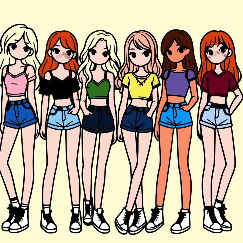 a group of girls wearing crop tops and shorts
