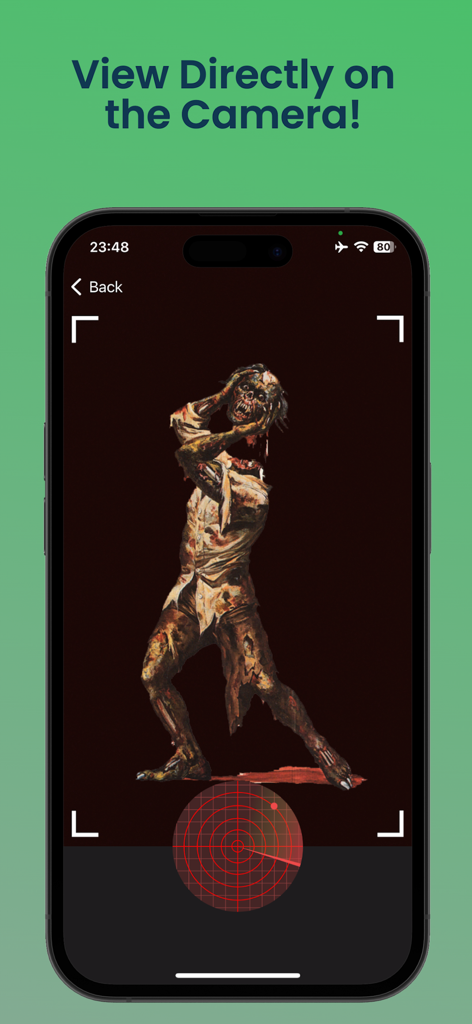 Ghost Detector - Camera Radar. - Tela de smartphone mostrando um zumbi detectado pelo aplicativo detector de fantasmas com um scanner de radar.