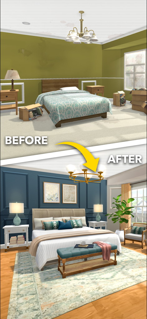 Home Design Makeover - Before and after comparison of a bedroom renovation in Home Design Makeover