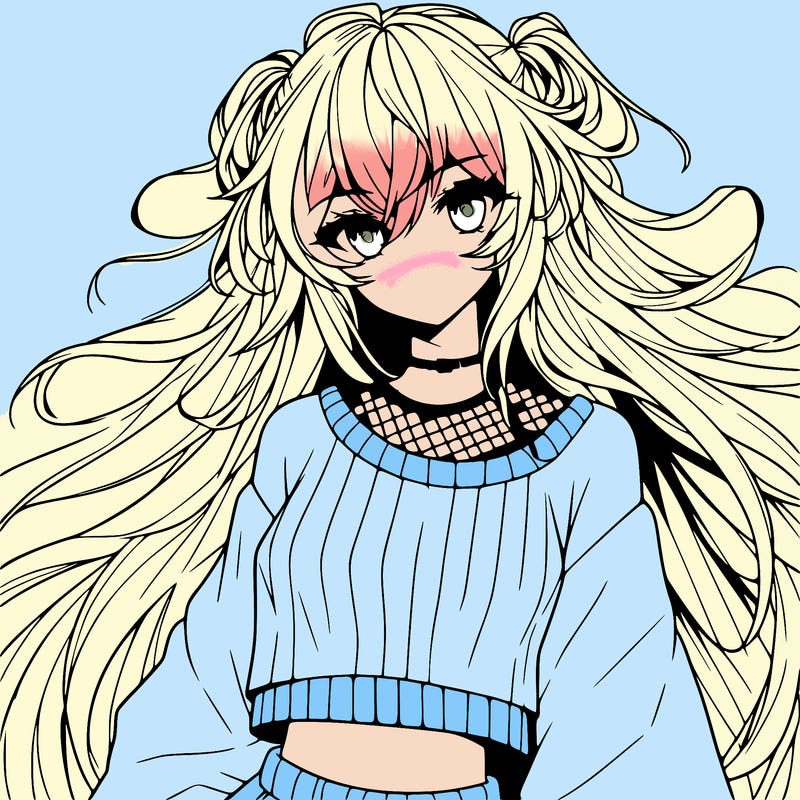 anime girl with long messy hair wearing a long sleeve crop top