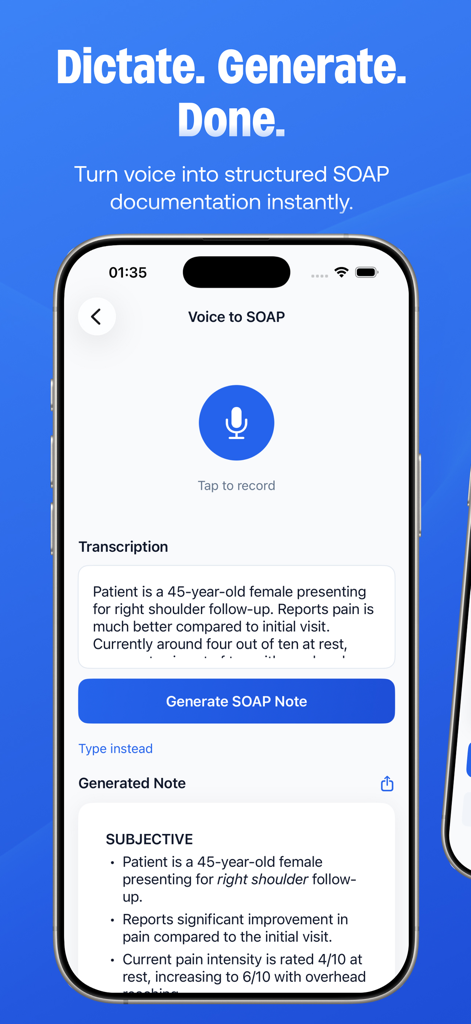 PhysioPocket: PT SOAP AI - Interface of PhysioPocket showing Voice to SOAP feature for dictating and generating clinical documentation.