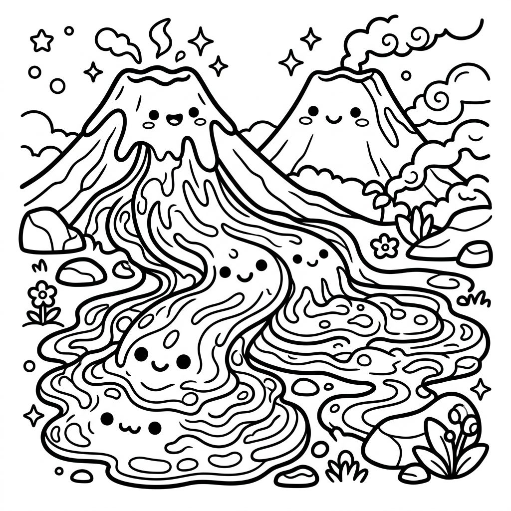 Kawaii Lava Flows Coloring Page | Cute Volcanoes & Lava Fun