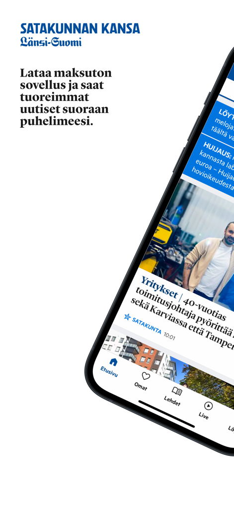 Interfaccia dell'app mobile Satakunnan Kansa che mostra titoli di notizie regionali e menu di navigazione in finlandese