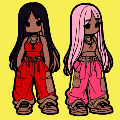 girl in baggy pants crop top and long hair