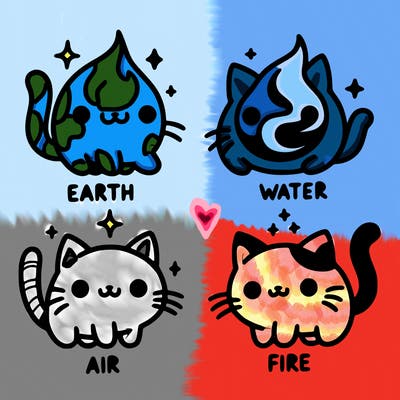 4 cats that represent the different elements, earth, water, air, and fire