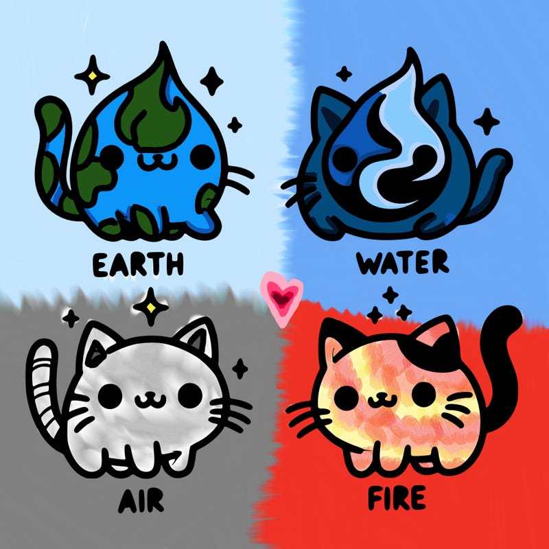 4 cats that represent the different elements, earth, water, air, and fire