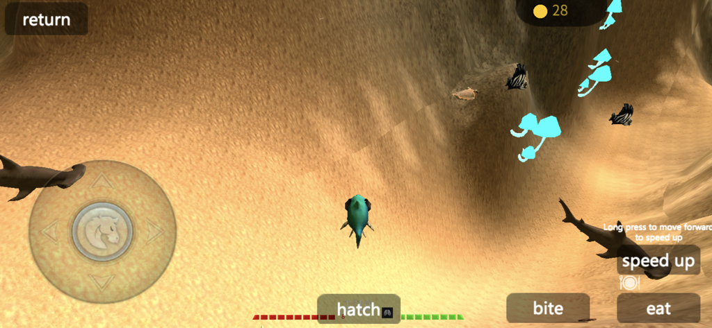 Mobile gameplay of 3D Fish Growing showing a small fish swimming near sharks in an underwater environment
