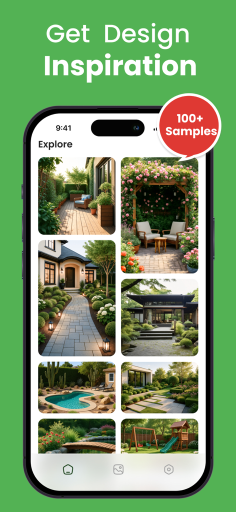 AI Garden- AI Landscape Design - Screenshot of the AI Garden app showing a gallery of different landscape design styles and outdoor inspiration samples.