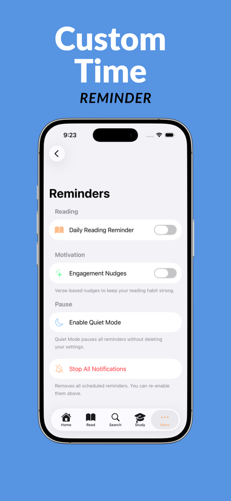 Bible App For Everyone - Interface for setting daily bible reading reminders and notifications in the Bible App For Everyone.