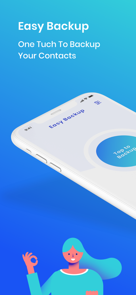 Easy Backup. - Bildschirm der mobilen Easy Backup-Anwendung, der die Ein-Tipp-Kontaktsicherungsfunktion und eine glückliche Figur zeigt