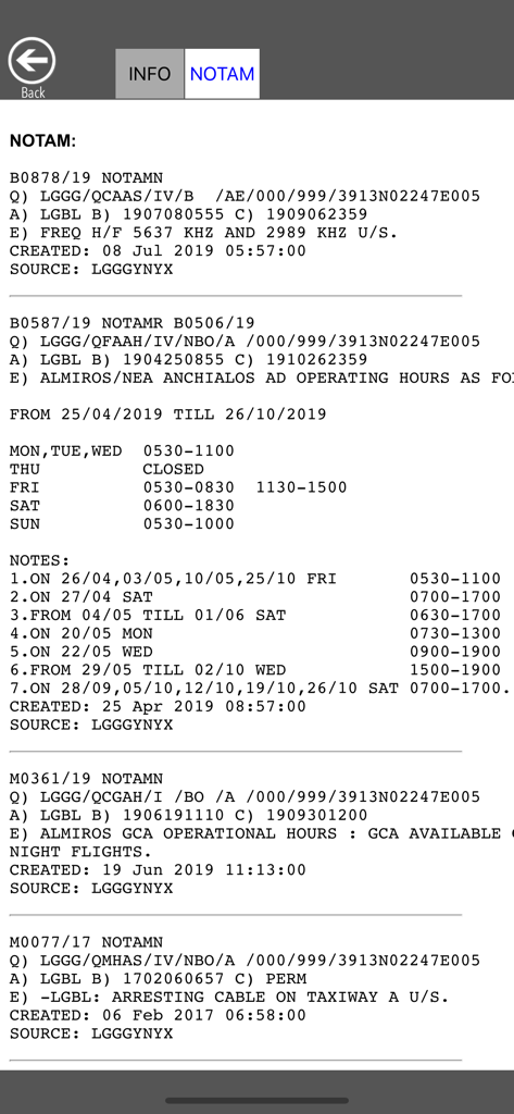 A list of textual NOTAM notices within the notams.aero app showing technical aviation data and operating hours