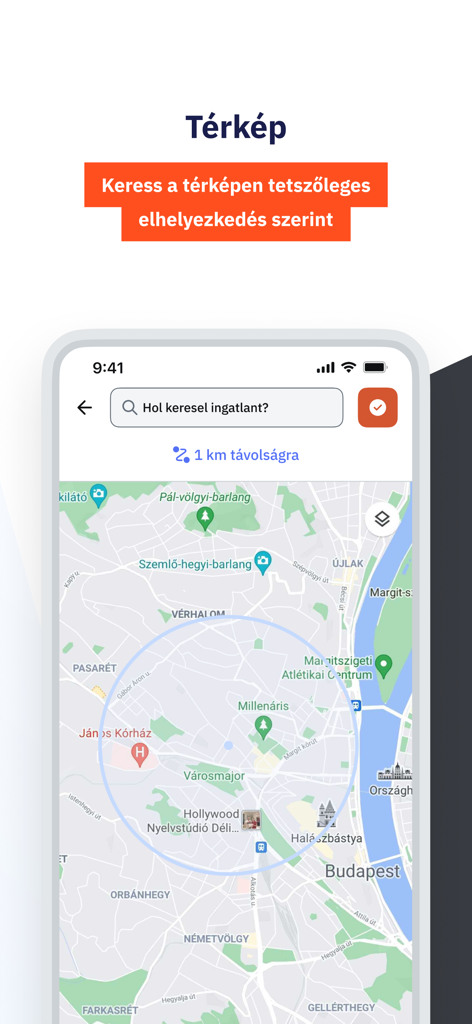 Mobile app interface showing a real estate map search of Budapest Hungary