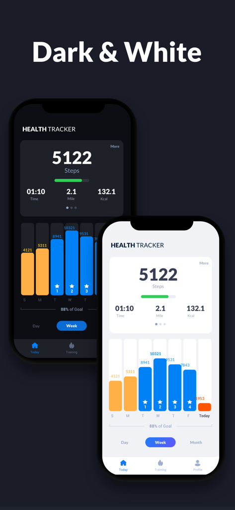 Comparison of Step Tracker app interface in dark and white themes showing daily steps and weekly activity graphs
