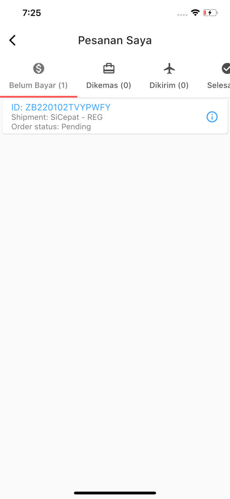 ZB - Interface of the ZB app showing the My Orders section with a pending payment status