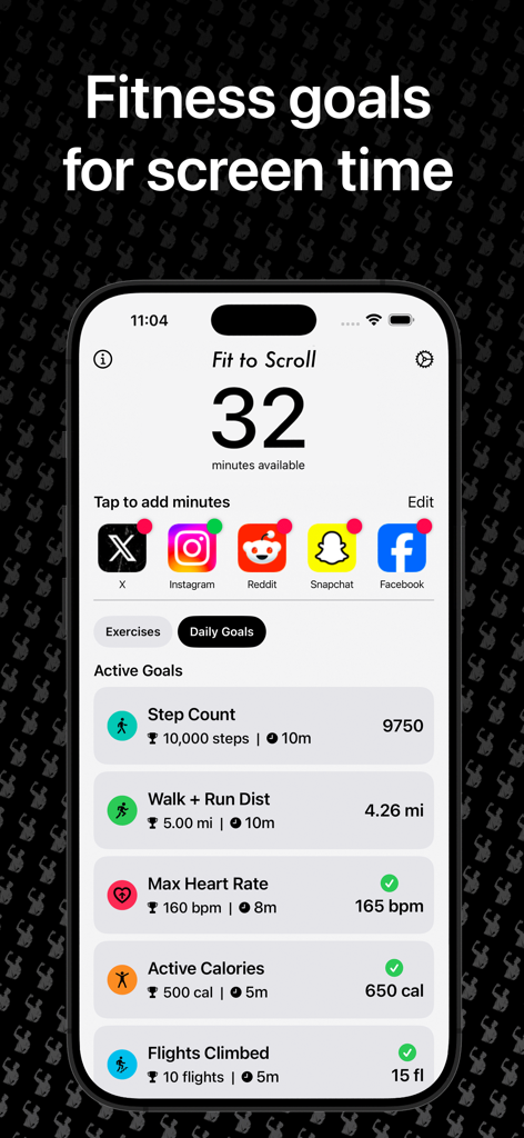 Interface de l'application Fit to Scroll montrant des objectifs de remise en forme quotidiens comme le nombre de pas et la fréquence cardiaque pour gagner des minutes de temps d'écran.
