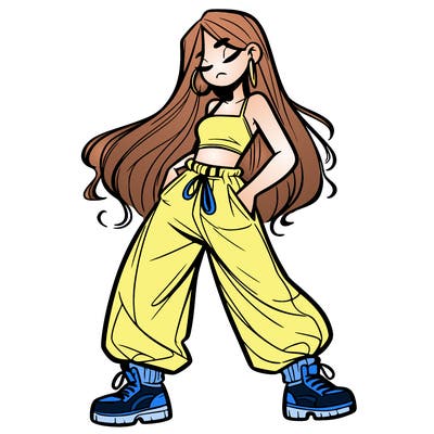 girl in baggy pants crop top and long hair