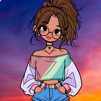 girl with a messy ponytail glasses a baggy crop top and jean shorts