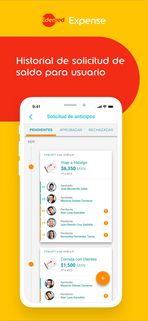Interfaz de la aplicación móvil Edenred Expense que muestra un historial de solicitudes de anticipo de efectivo con indicadores de estado para transacciones pendientes y aprobadas.