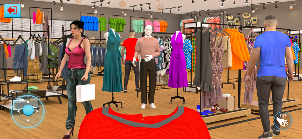 Clothing Store Sim Games 3D - Una simulación 3D de una tienda de ropa que presenta maniquíes y estantes con atuendos de moda con clientes mirando.