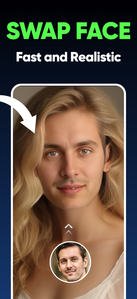 uSwap: AI Face Swap & Lipsync - uSwap app screenshot showing a realistic AI face swap of a man onto a woman portrait