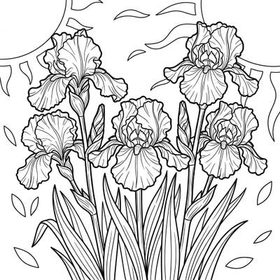 Celebrate the warmth of the season with our enchanting Tall Bearded Irises coloring page, perfect for summer relaxation. This design captures the majestic beauty of irises blooming under a bright, sunny sky, offering a delightful escape for all ages.