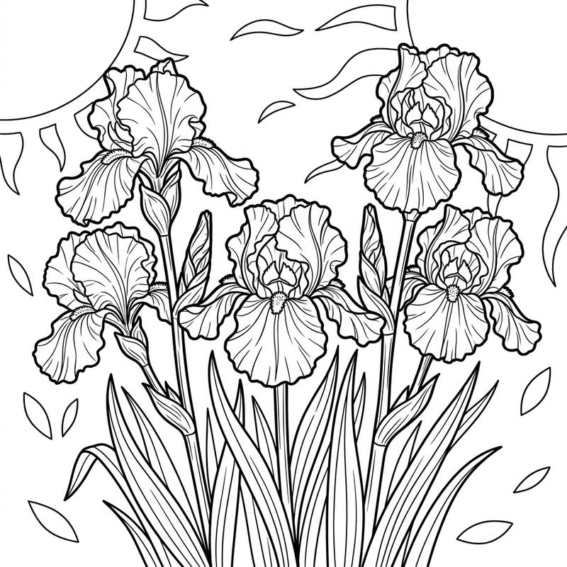 Celebrate the warmth of the season with our enchanting Tall Bearded Irises coloring page, perfect for summer relaxation. This design captures the majestic beauty of irises blooming under a bright, sunny sky, offering a delightful escape for all ages.