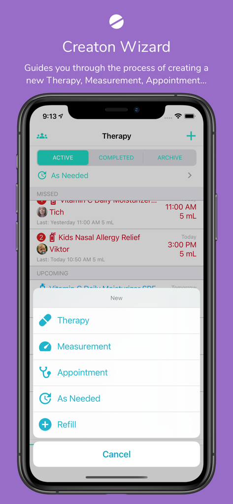 HealthLy: Therapy & Health - Creation Wizard menu in HealthLy app for adding therapies and medical appointments