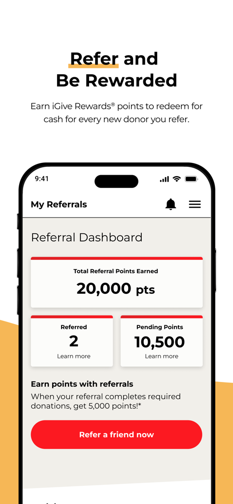 Referral dashboard in the CSL Plasma app showing earned points and a button to refer a friend.