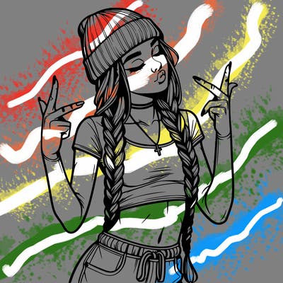 realistic teenage girl with braids and a beanie and crop top doing 🫶🏼