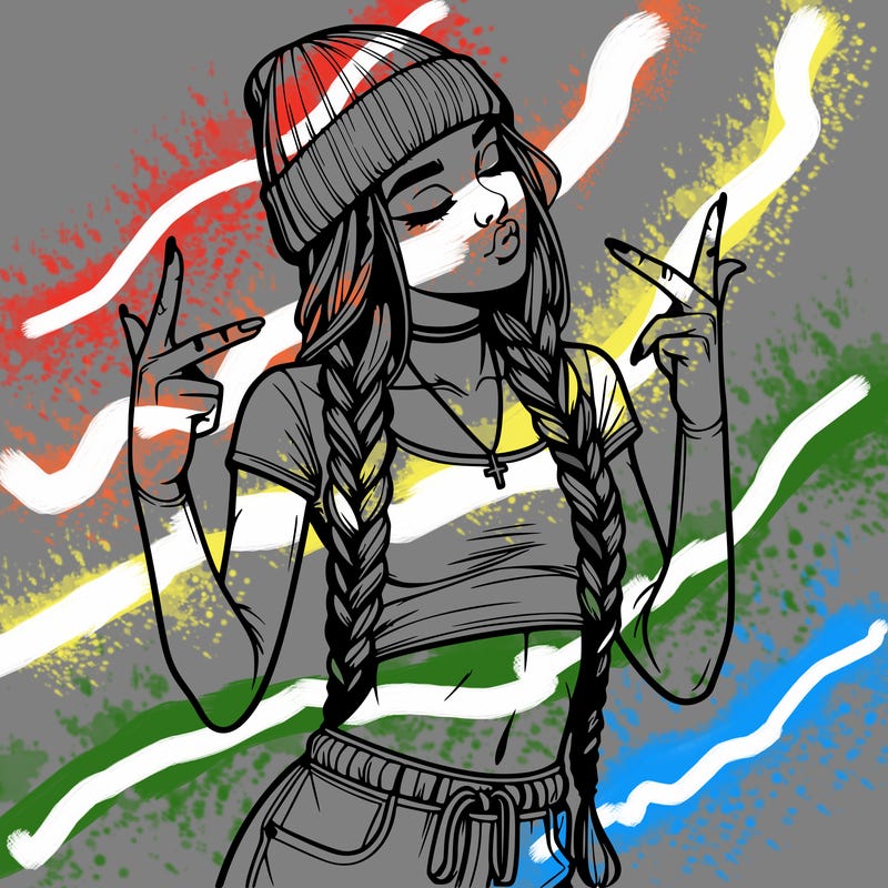 realistic teenage girl with braids and a beanie and crop top doing 🫶🏼