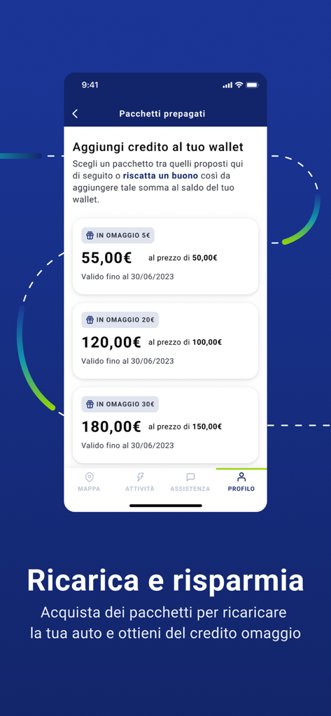 MyNextMove – ricarica auto - Screenshot dell'app MyNextMove che mostra pacchetti di credito prepagato e offerte bonus per la ricarica di veicoli elettrici.
