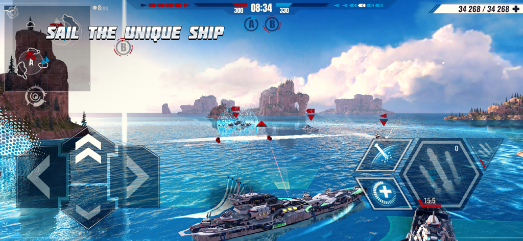 Pacific Warships: War Shooter - Futuristic battleship sailing in a tactical naval battle scene from Pacific Warships