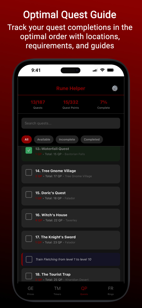 Rune Helper app showing the Old School RuneScape optimal quest guide and progress tracker