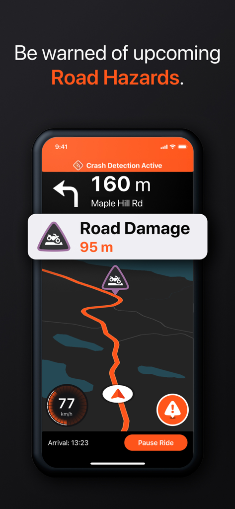 A motorcycle navigation app screen showing a road damage warning and turn-by-turn GPS route.