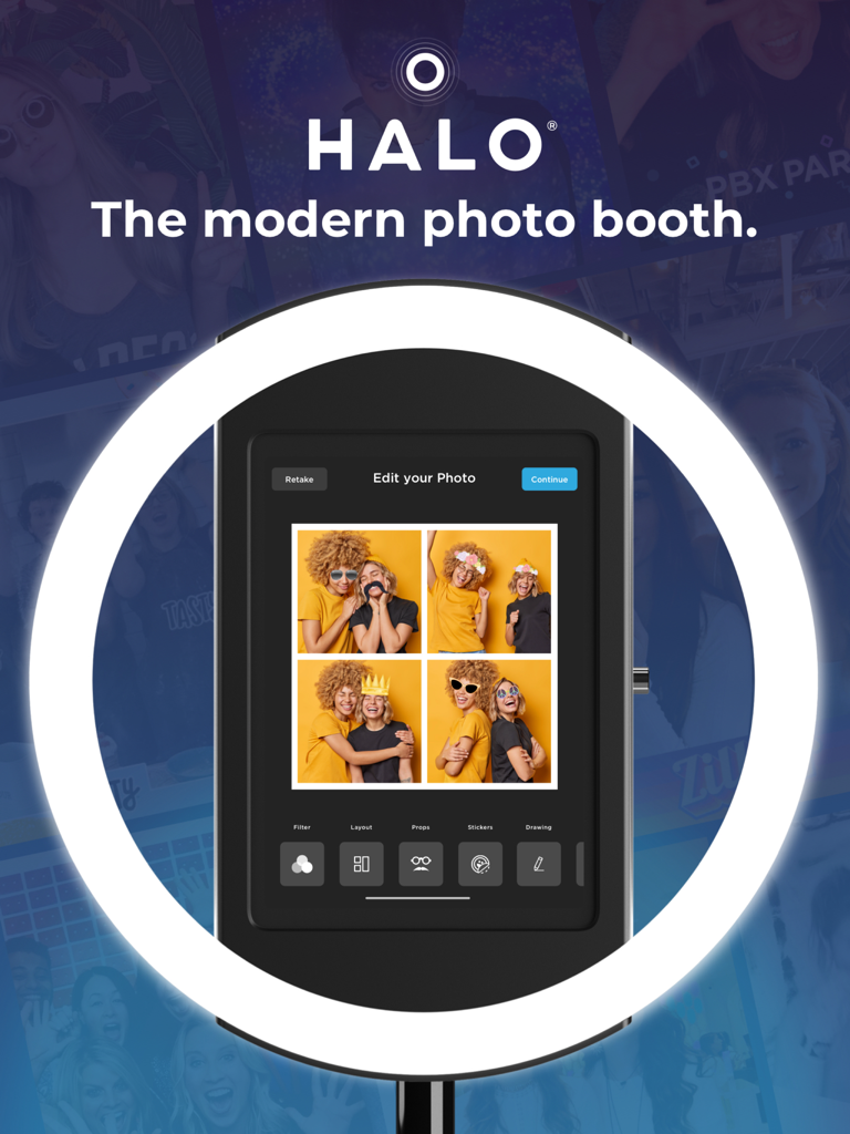 An iPad running the Simple Booth HALO app mounted inside a professional ring light showing photo editing tools and a four-image collage.
