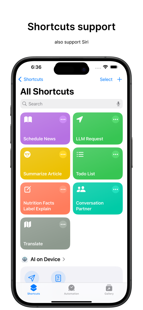 On-Device AI: TTS, STT & Chat - iPhone-Bildschirm, der die Integration von Apple Shortcuts und Siri für die On-Device AI App zeigt